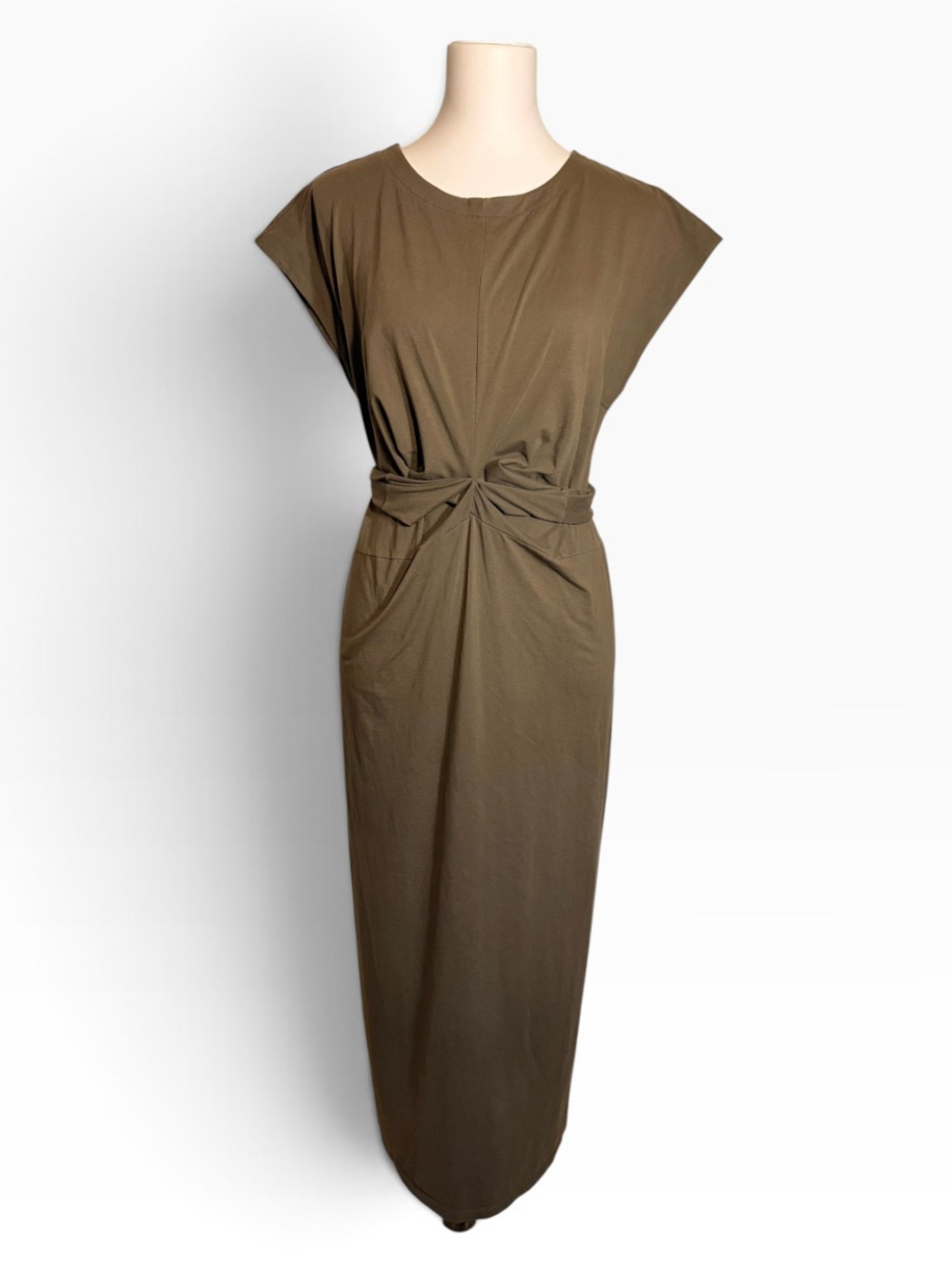 Modern Citizen Fei Tie-Front Cotton Midi Dress Olive Pockets XL